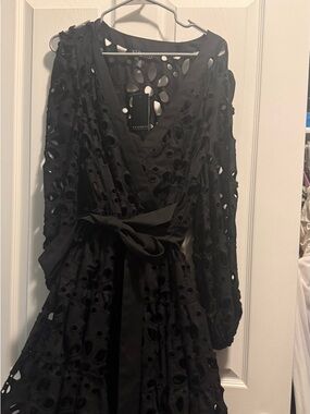 Eloquii Black Eyelet Wrap Midi Dress with Self Tie